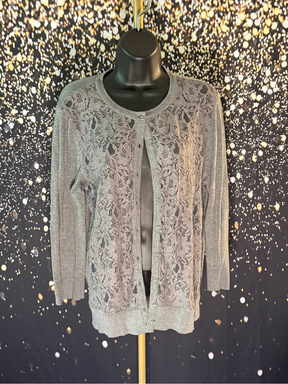 LOFT Gray Lace Front Button Cardigan